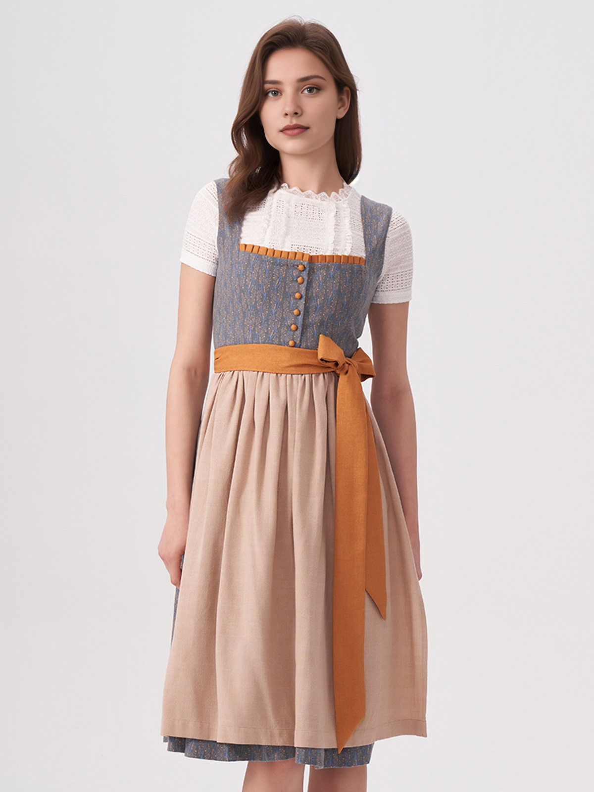Dirndl in Blau mit floralen Details